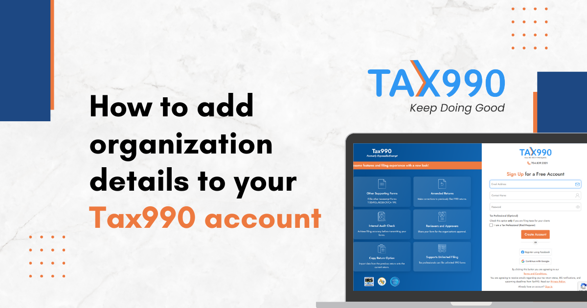 Add your organization details to your Tax990 account